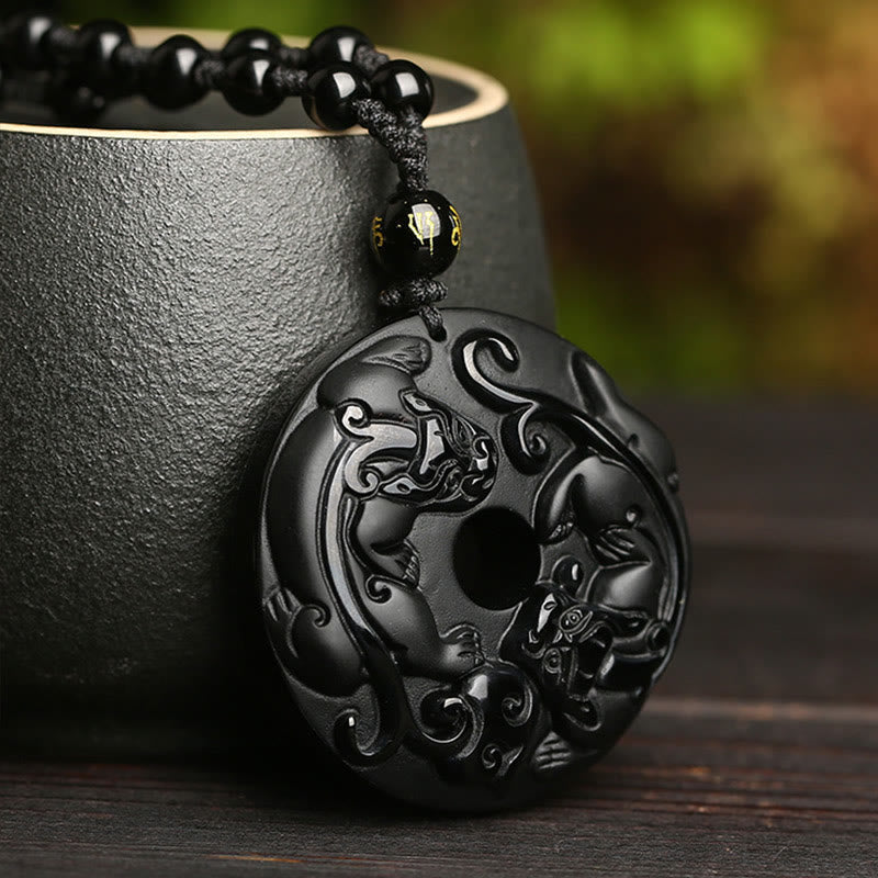 Black Obsidian Peace Buckle Pixiu Strength Necklace