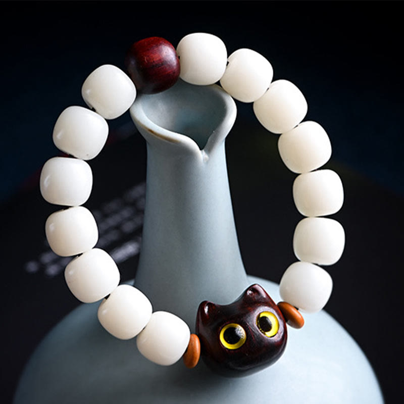 Unisex Bodhi Seed & Wood Lucky Cat Spiritual Bracelet