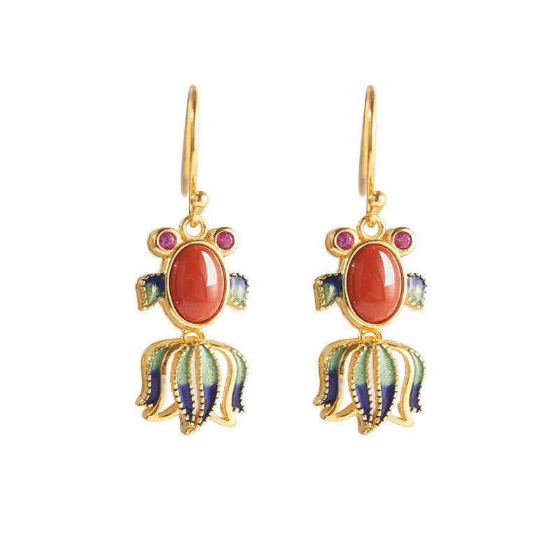 Silver Hetian White Jade Red Agate Fish Drop Earrings