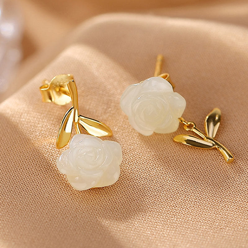 Gold Plated 925 Silver Jade Rose Flower Luck Earrings