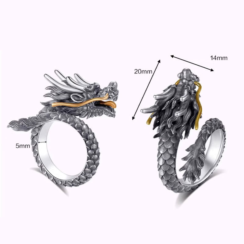 925 Sterling Silver Adjustable Dragon Ring for Protection & Strength