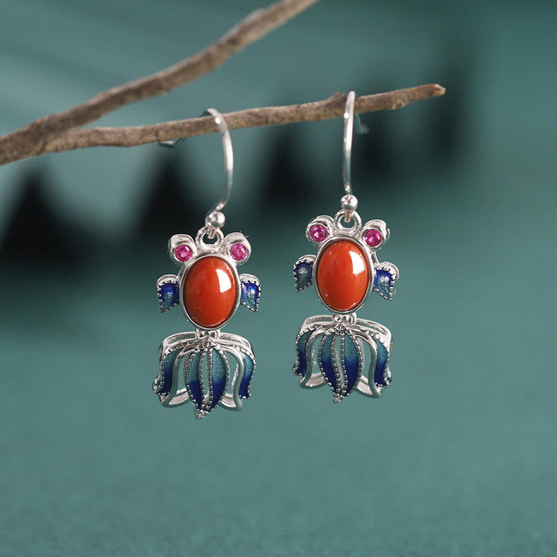 Silver Hetian White Jade Red Agate Fish Drop Earrings