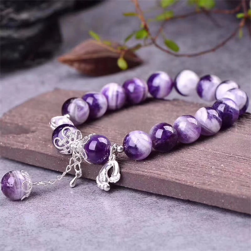 10mm Amethyst Bracelet with Love Heart & Feet Charm