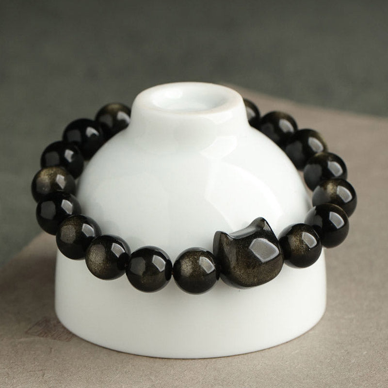 Gold Sheen Obsidian Bracelet with Lucky Cat Paw Charm for Protection