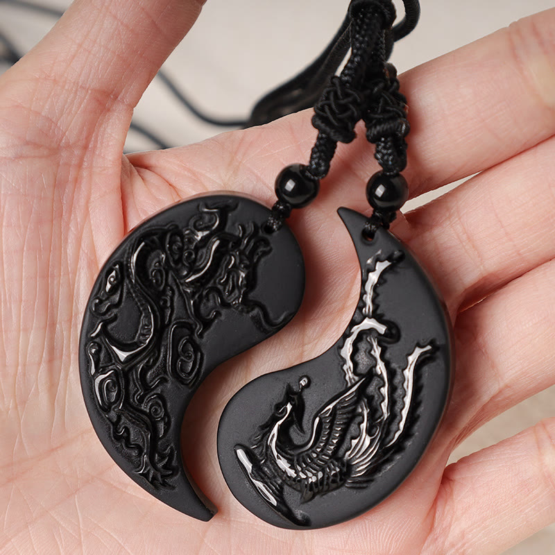 Black Obsidian Yin Yang Dragon Phoenix Necklace