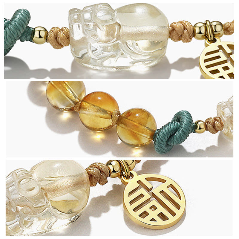 8mm Citrine Prosperity Bracelet with Fu Character and PiXiu Talisman
