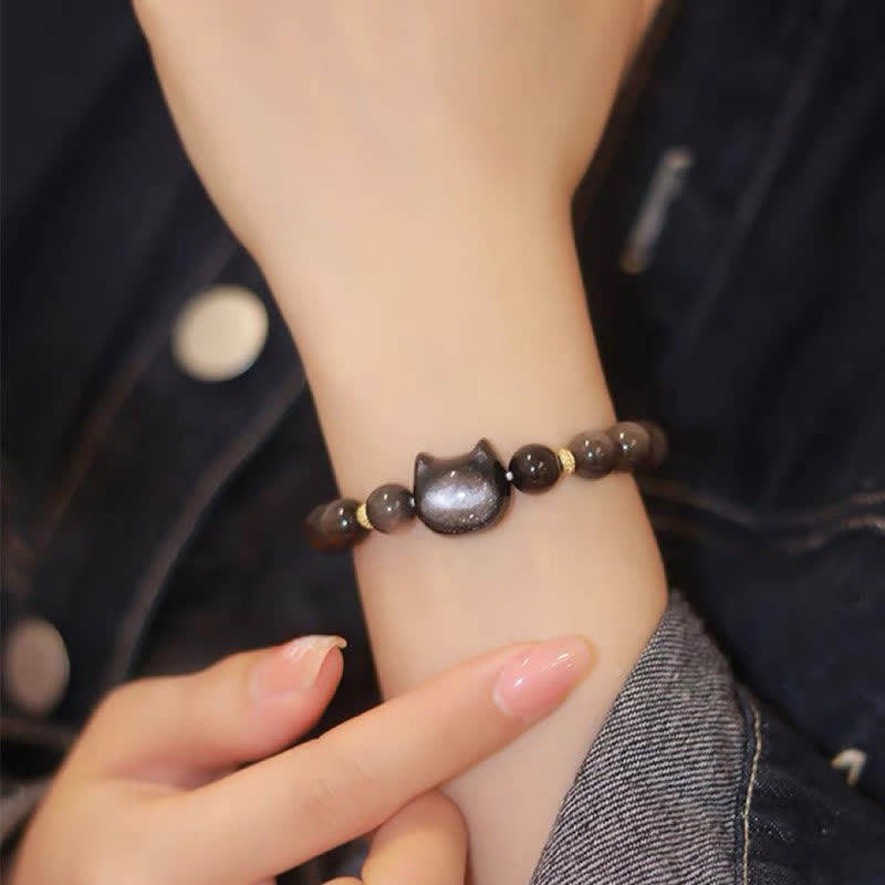 Gold Sheen Obsidian Lucky Cat Protection Bracelet 8mm