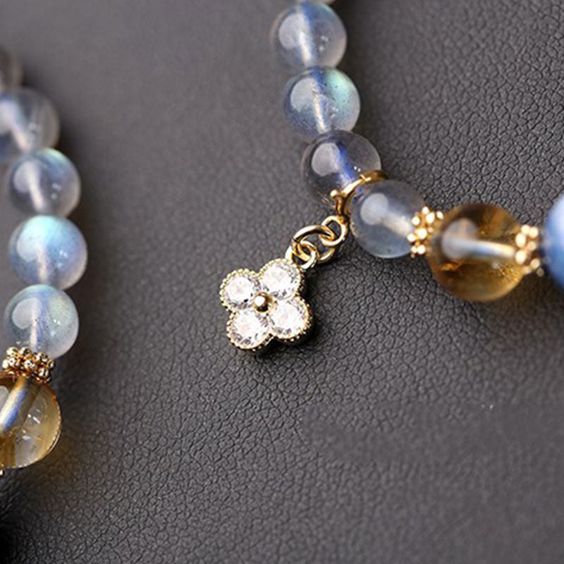 Moonstone Flower Charm Healing Bracelet 6-7mm Beads