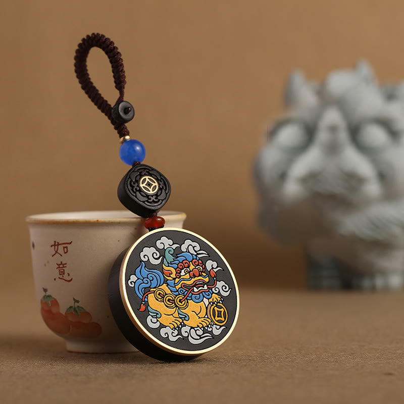 Pixiu Copper Coin Ebony Wood Luck Key Chain