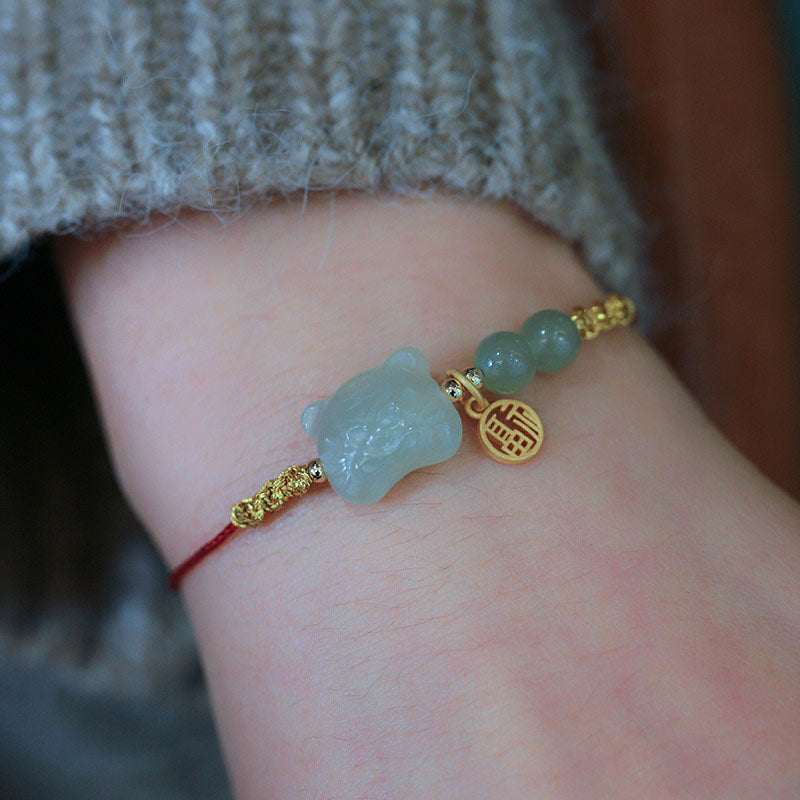 Chinese Zodiac Jade Tiger Bracelet 14-16cm Red String Energy