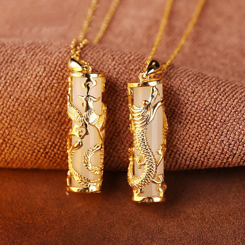 White Jade Dragon Phoenix Necklace | Copper Harmony Pendant