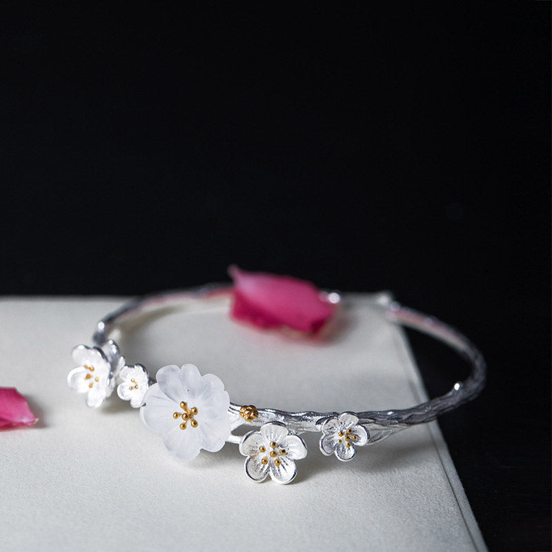 Sterling Silver Plum Flower Blessing Adjustable Spiritual Bracelet