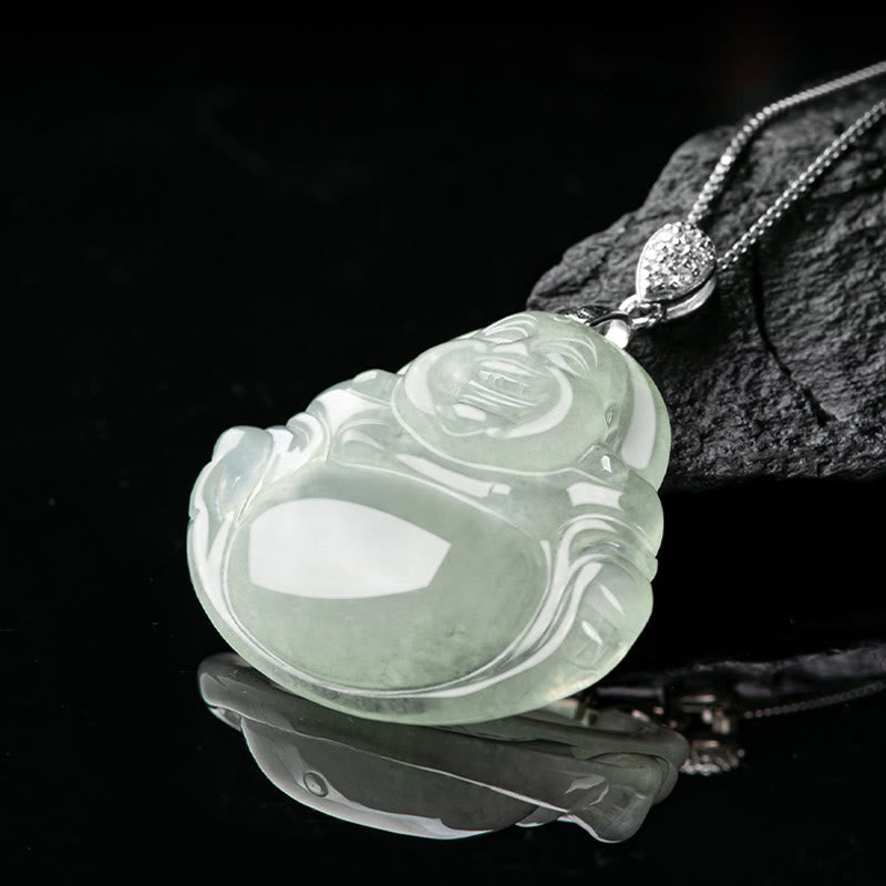 925 Sterling Silver Natural Jade Laughing Buddha Prosperity Necklace