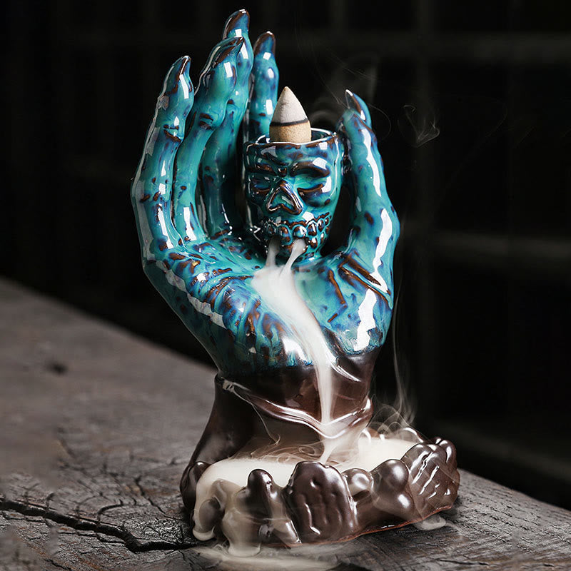 Brown Ceramic Incense Burner Skull Hand Decoration