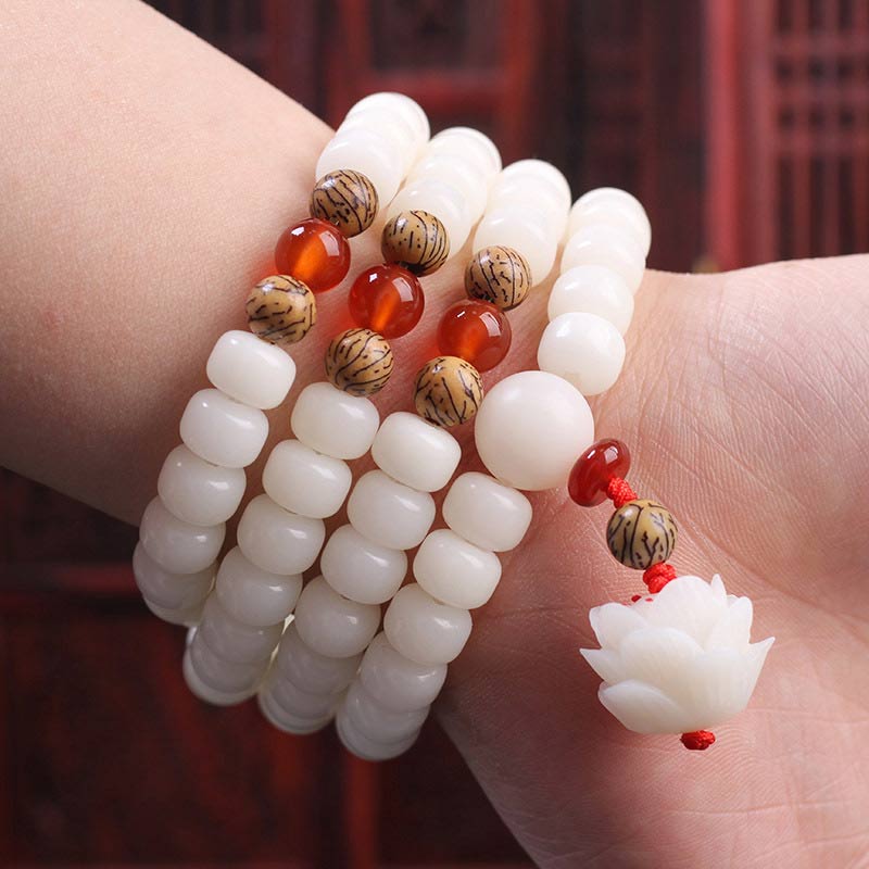 8mm Bodhi Seed Peace Bracelet with Opal, Red Agate & Lazurite Beads