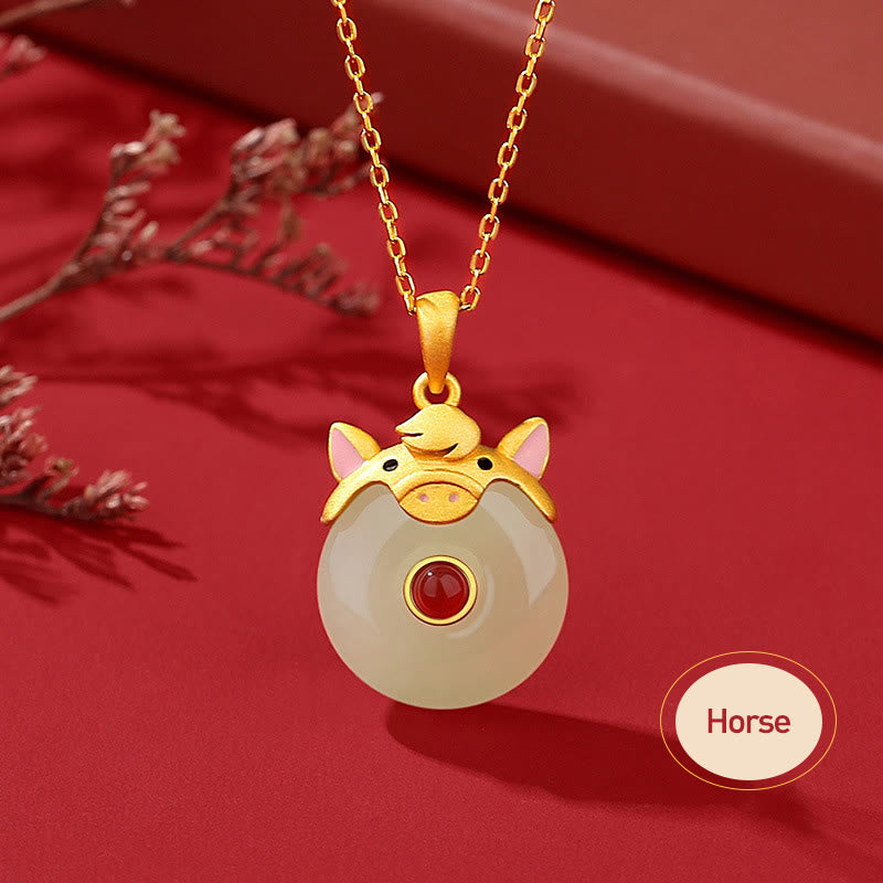 Dragon Zodiac Necklace | Sterling Silver with Hetian Jade & Red Agate