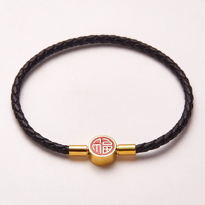 Fu Character Leather Buckle Bracelet for Good Fortune & Blessing