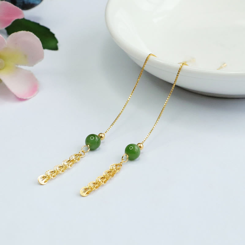 925 Sterling Silver Hetian Cyan Jade Drop Earrings for Luck