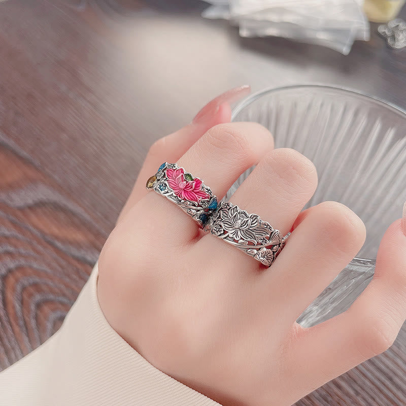 Adjustable Sterling Silver Koi Fish Lotus Prosperity Ring