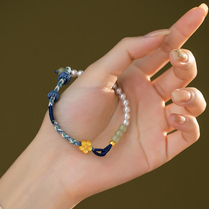 Sterling Silver Hetian Jade Luck Bracelet with Peach Blossom & Pearls