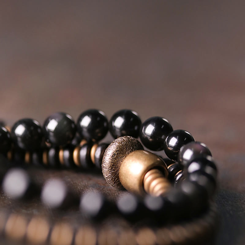 Rainbow Obsidian Ebony Wood Triple Wrap Healing Bracelet
