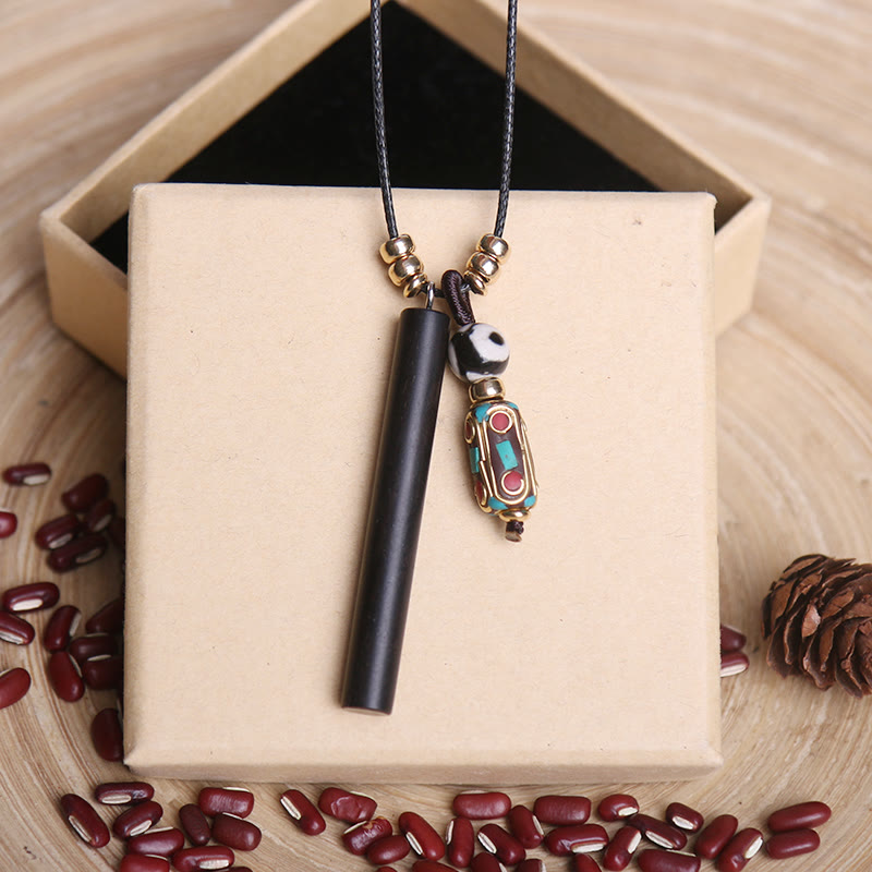 Ebony Wood Dzi Bead Necklace for Spiritual Protection & Peace