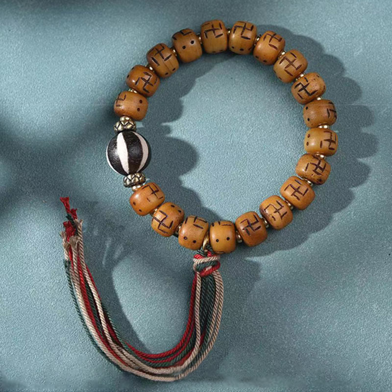 Camel Bone Swastika Dzi Buddha Bracelet for Luck & Protection
