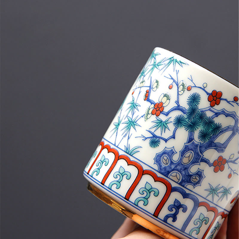 Vintage Ceramic Teacup with Plum Blossom Pine Bamboo Motifs