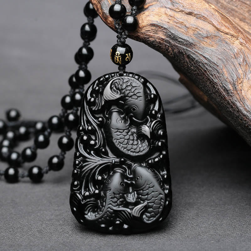 Black Obsidian Koi Fish Strength Necklace Pendant