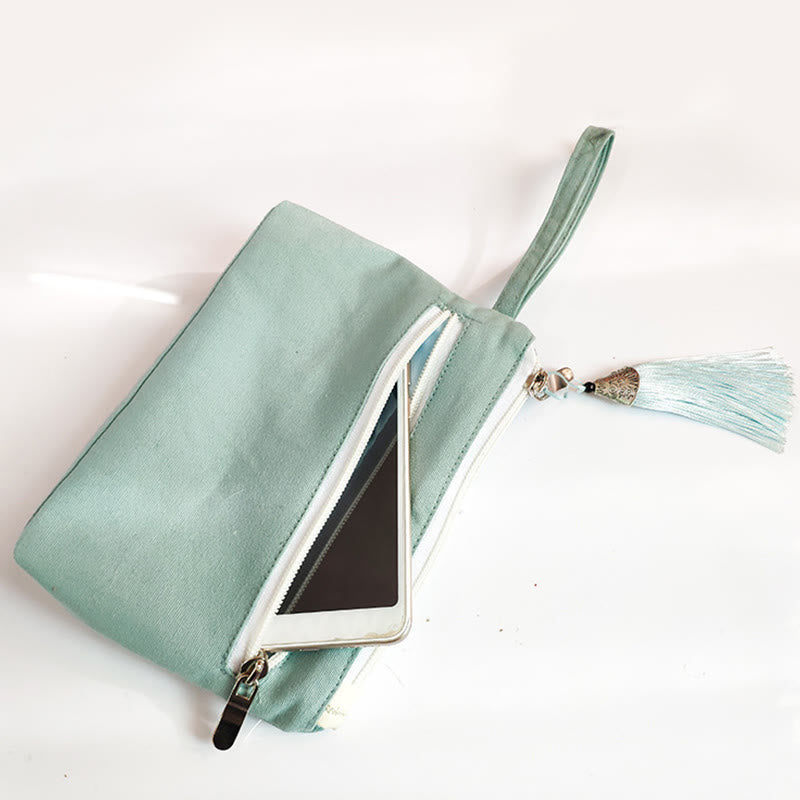 Canvas Wallet with Plum Cherry Crane Embroidery | Compact 21x13cm