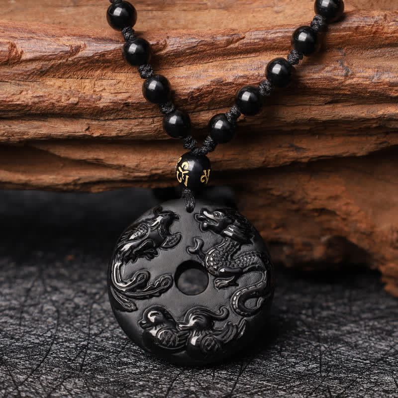 Black Obsidian Luck & Protection Necklace with Dragon Pendant