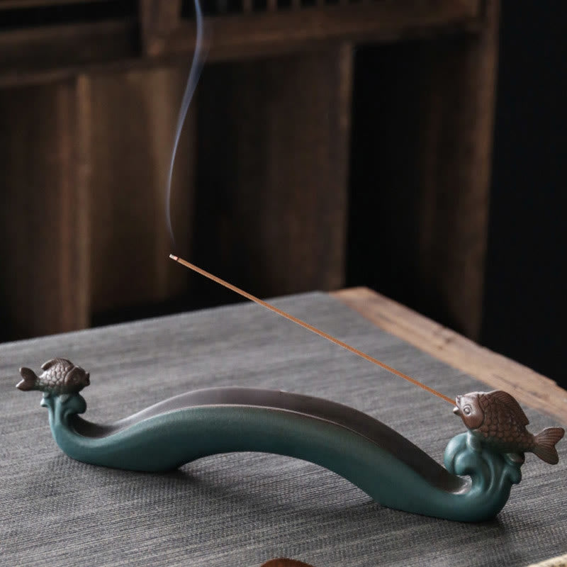 Double Koi Fish Ceramic Incense Burner for Harmony & Healing