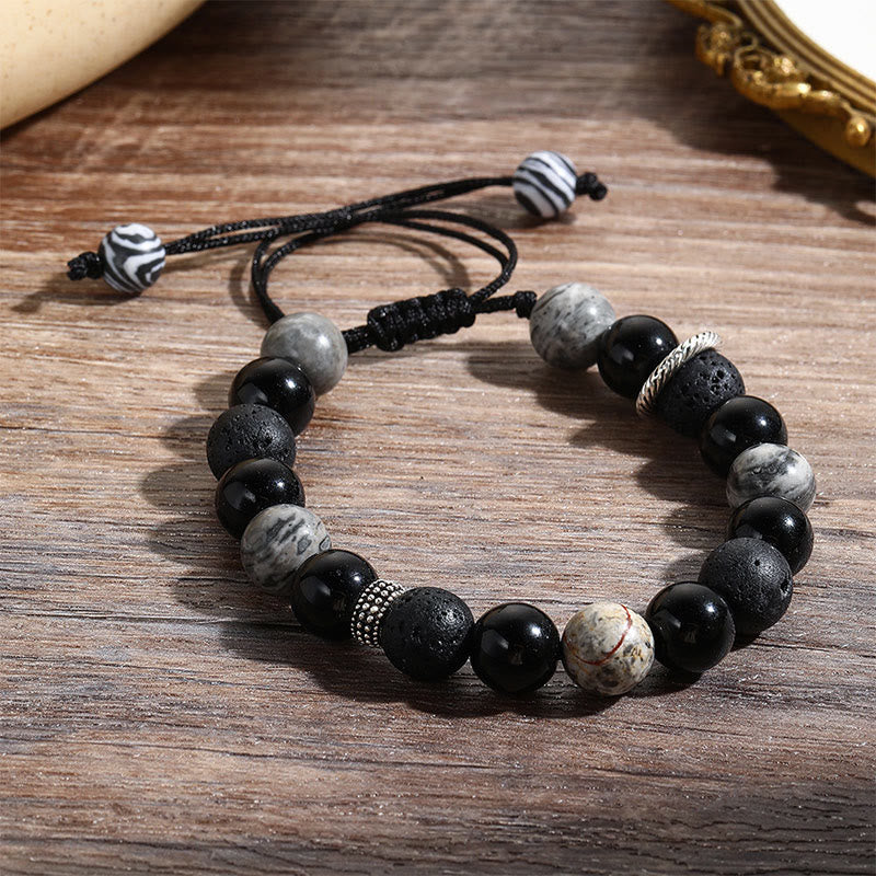 Vintage Lava Rock Black Obsidian Picasso Jasper Bracelet for Grounding