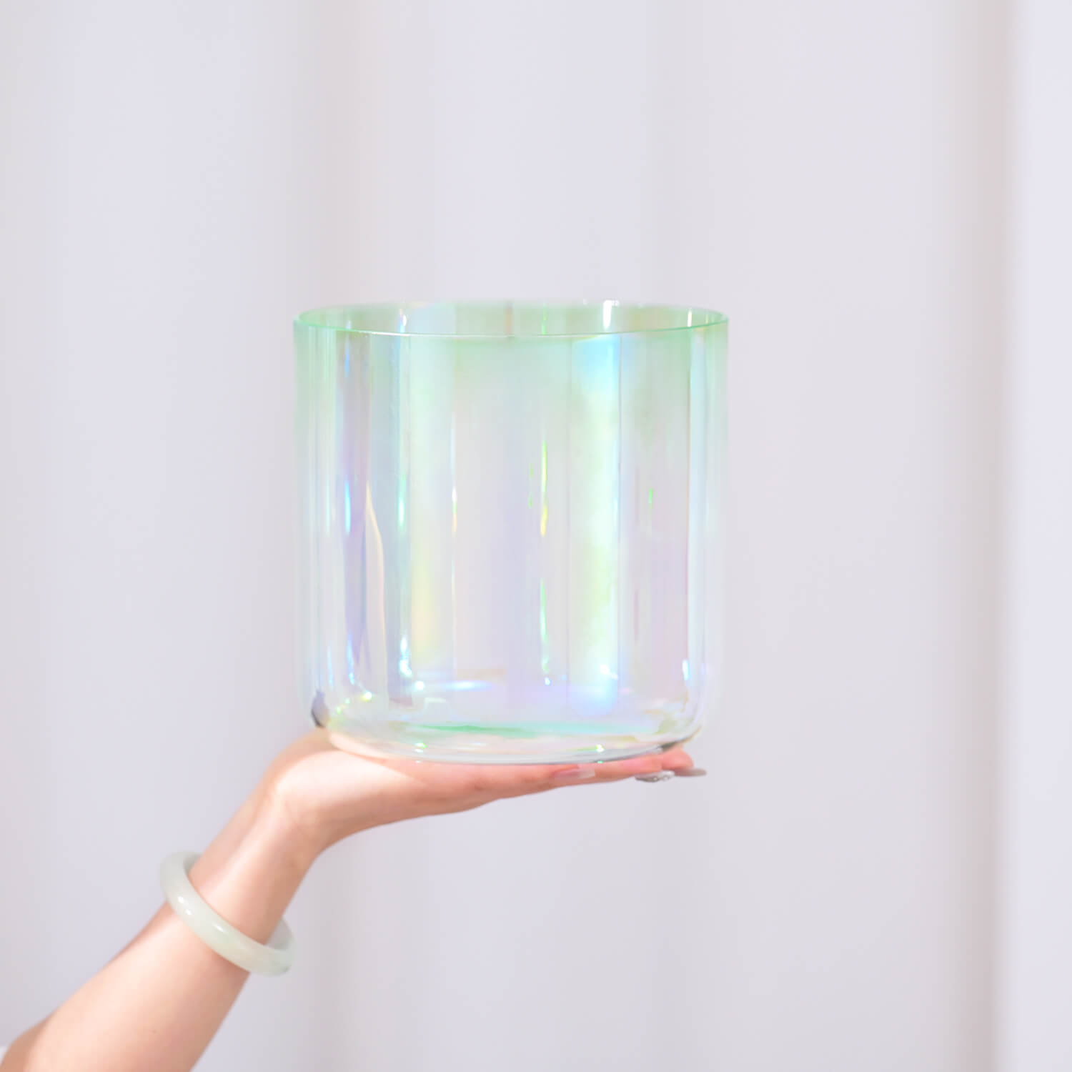 Iridescent glass cylinder with rainbow sheen for 6-7 inch Quartz Crystal Singing Bowl