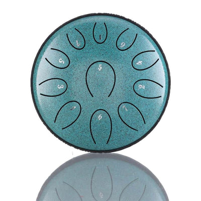 Turquoise Carbon Steel Tongue Drum with petal tone markings, 11 Notes in C/D Major
