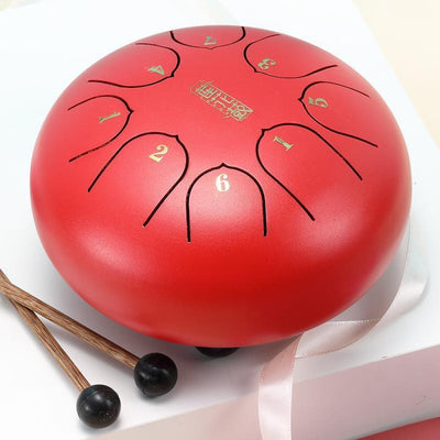 Red Steel Tongue Drum with numbered zones and mallets in 6 Carbon Steel, 8-Tone C Key
