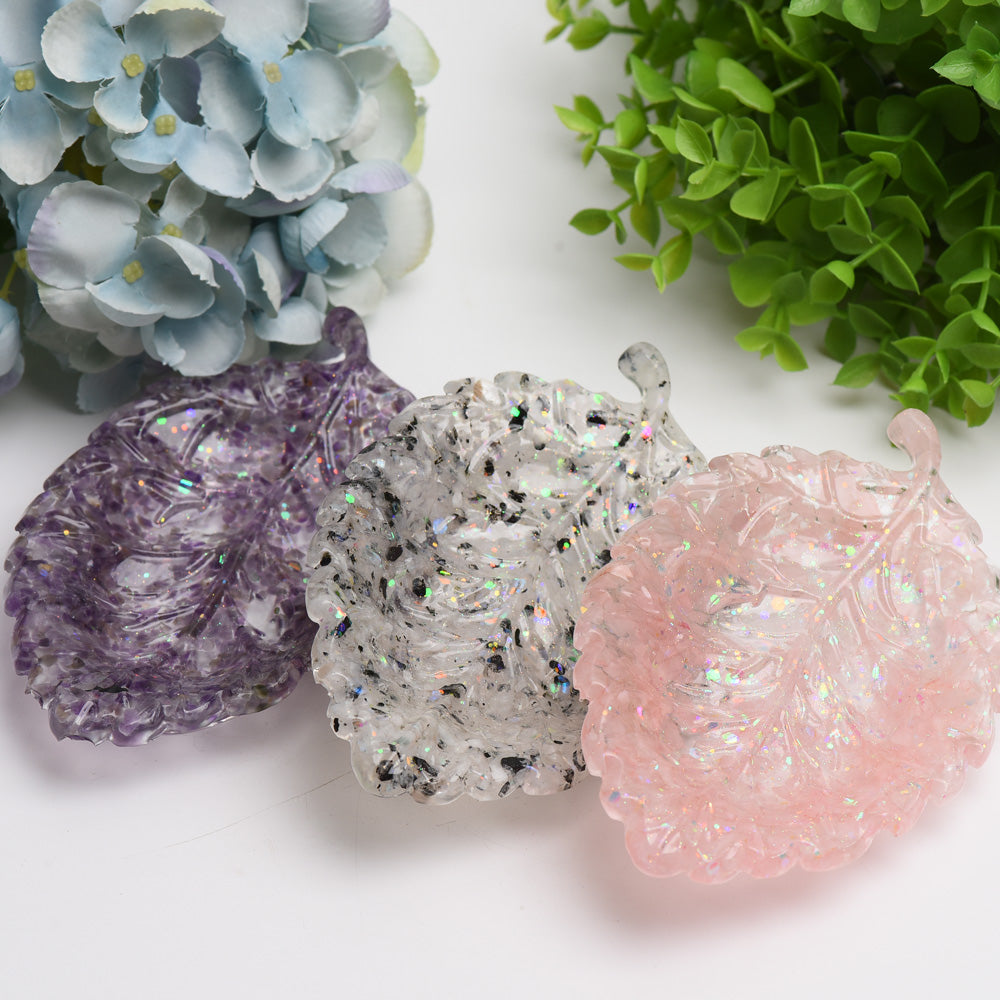 6 Inch Resin Leaf Plate with Crystal Chips for Home Decor