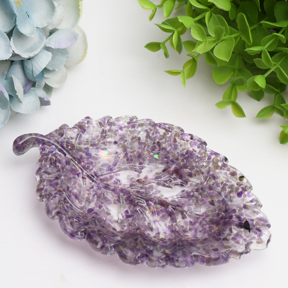 6 Inch Resin Leaf Plate with Crystal Chips for Home Decor