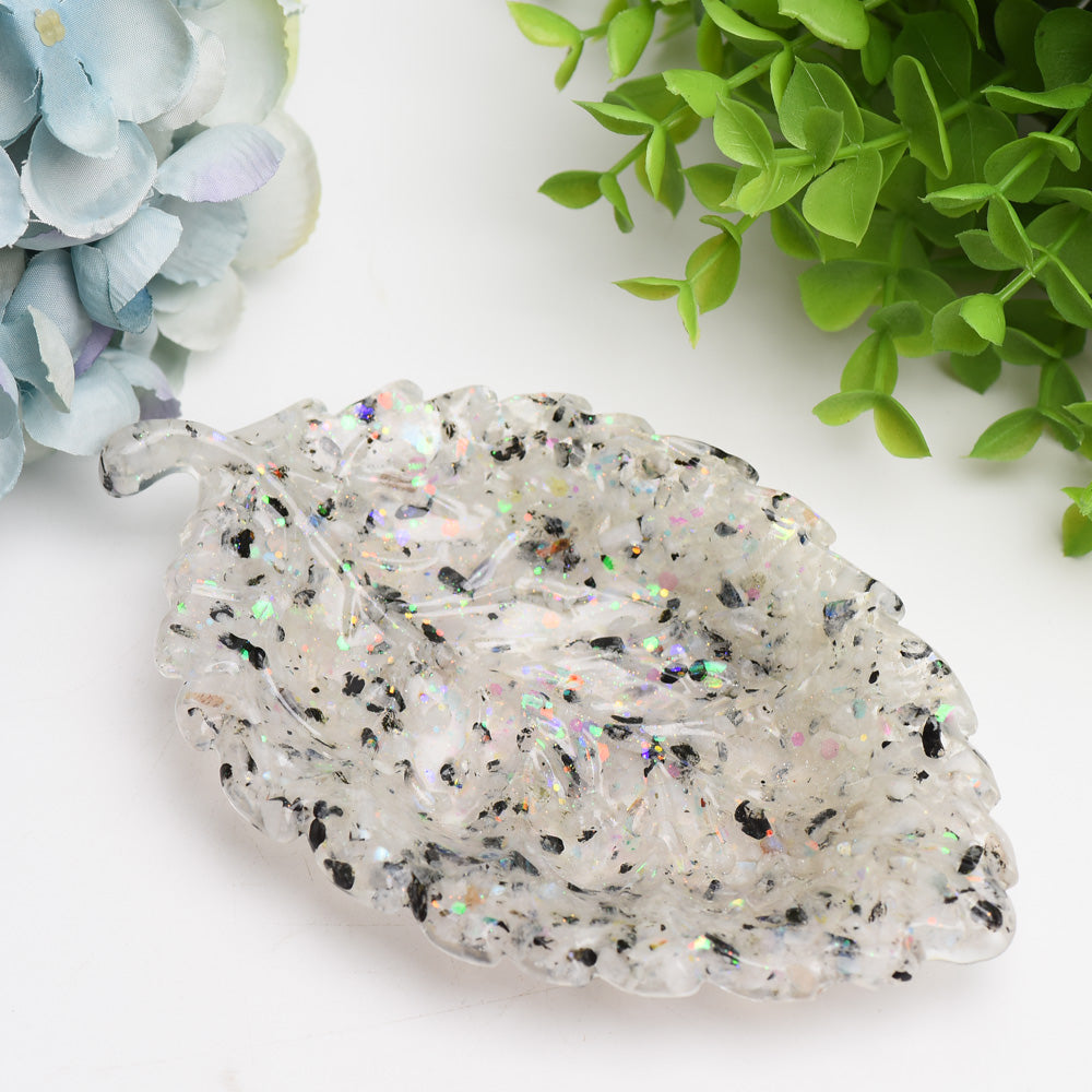 6 Inch Resin Leaf Plate with Crystal Chips for Home Decor