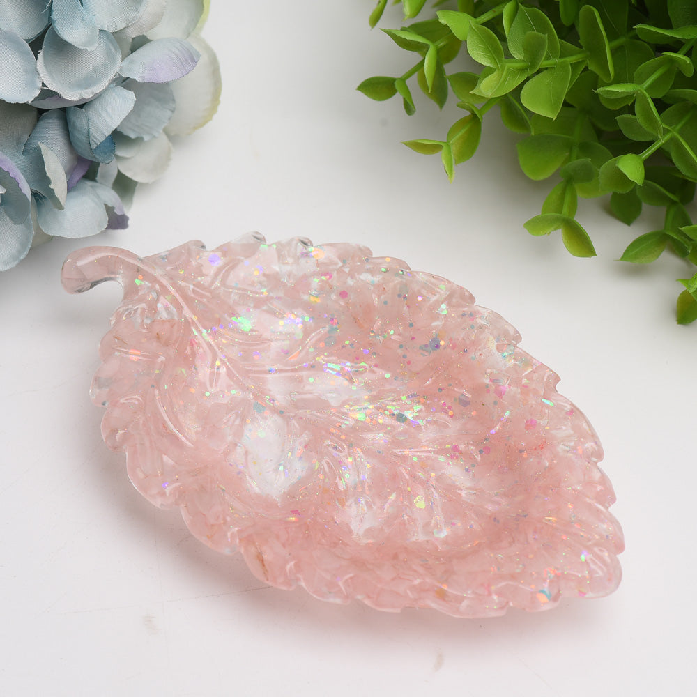 6 Inch Resin Leaf Plate with Crystal Chips for Home Decor