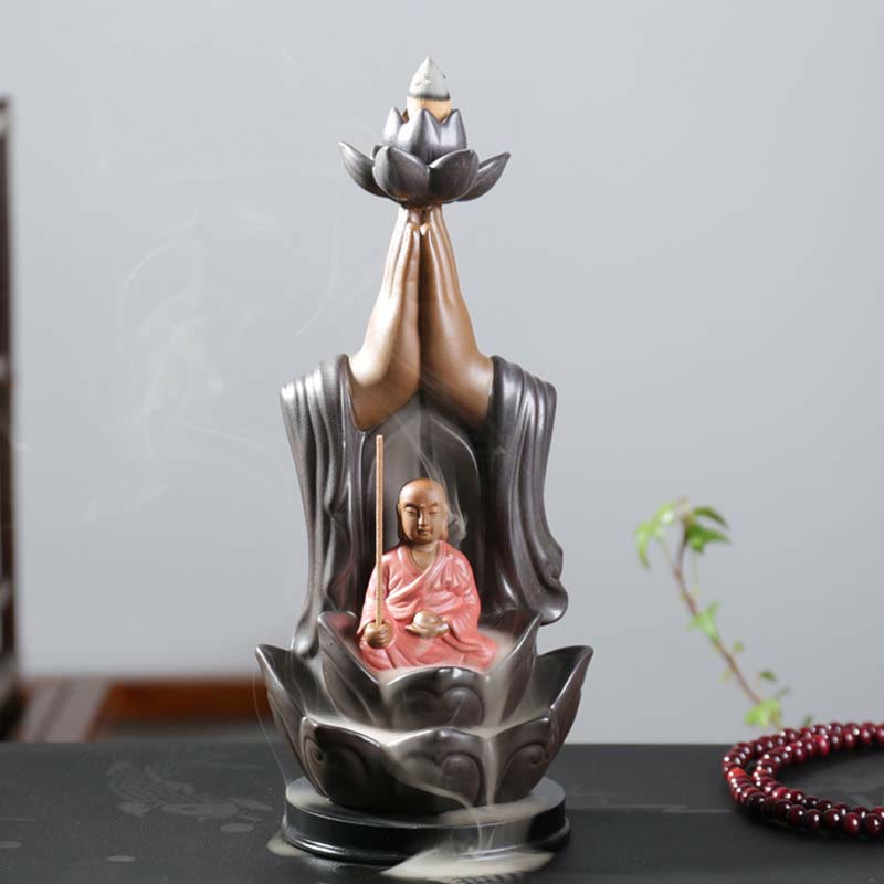 Ceramic Lotus Blessing Backflow Incense Burner with Buddha Deities