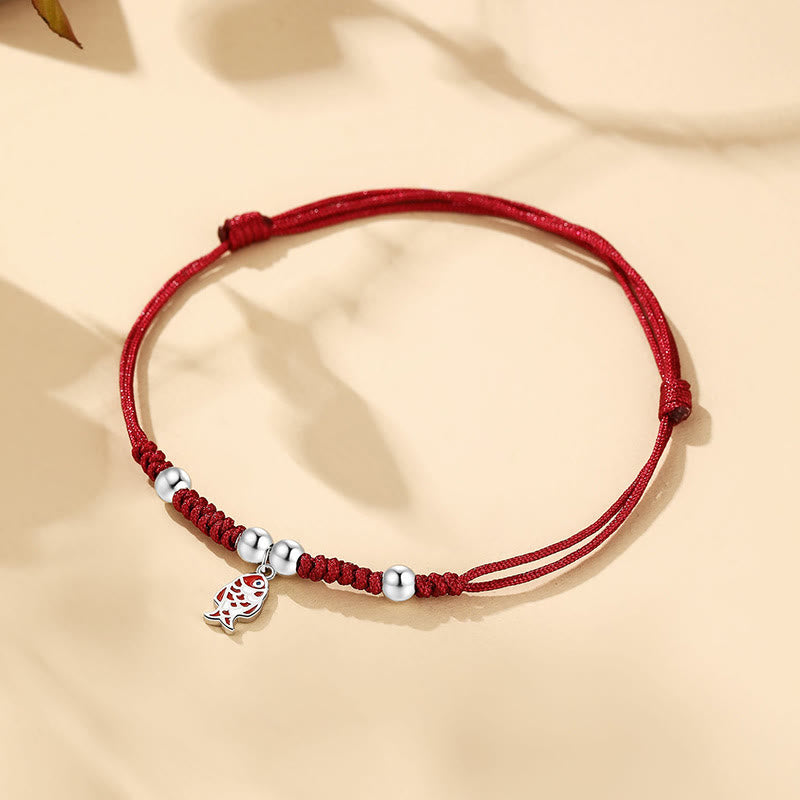 925 Sterling Silver Koi Fish Luck Bracelet in Braided Red Rope