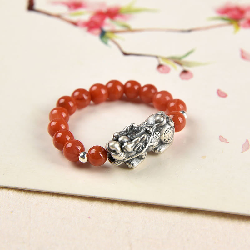 925 Sterling Silver Garnet PiXiu Wealth Ring for Protection