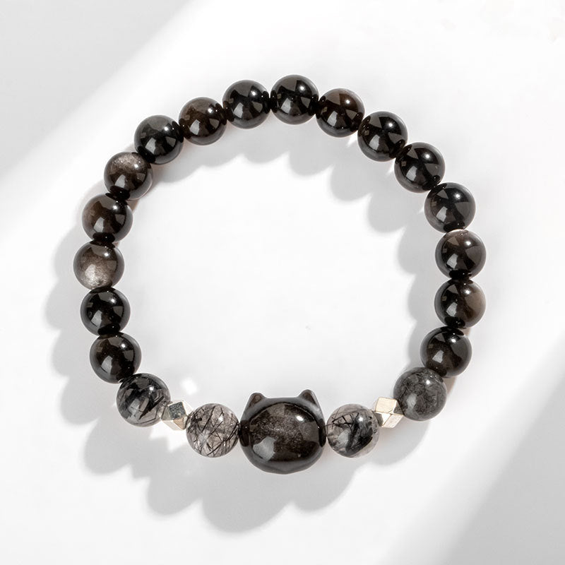 8mm Silver Sheen Obsidian Cat Head Protection Bracelet