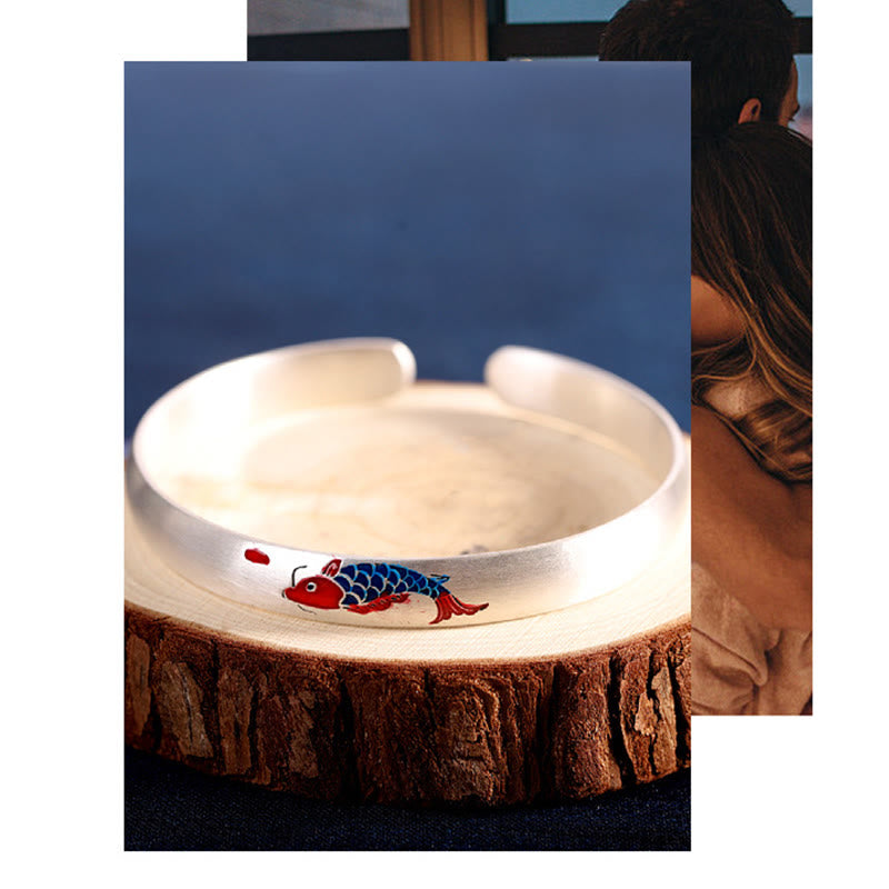 999 Sterling Silver Koi Fish Luck Cuff Bracelet - Adjustable