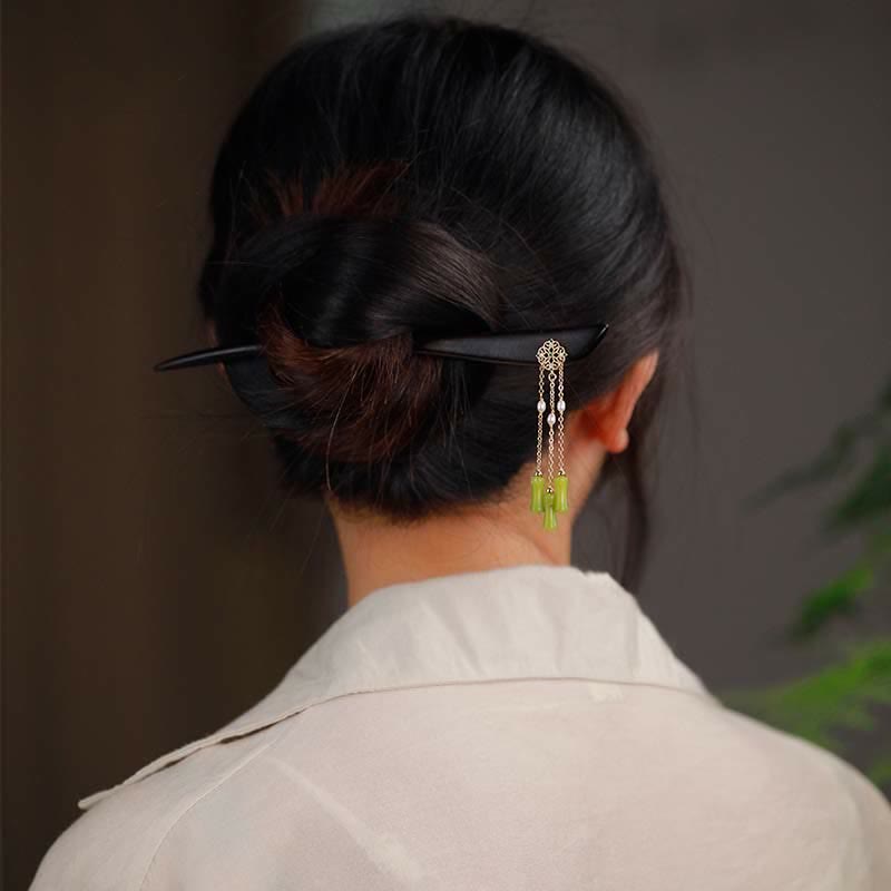 Natural Peridot & Ebony Wood Love Tassels Hairpin
