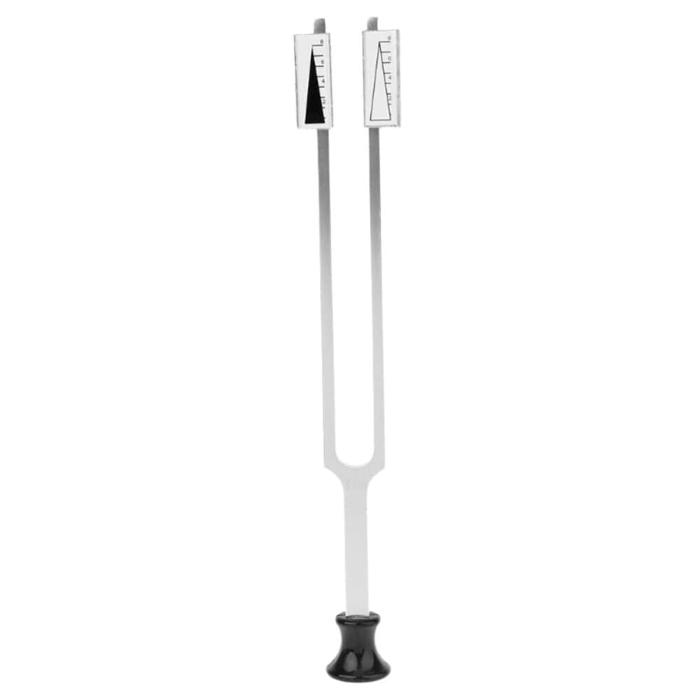 Medical tuning fork with dual prongs and black base for 64 Hz and 128 Hz healing