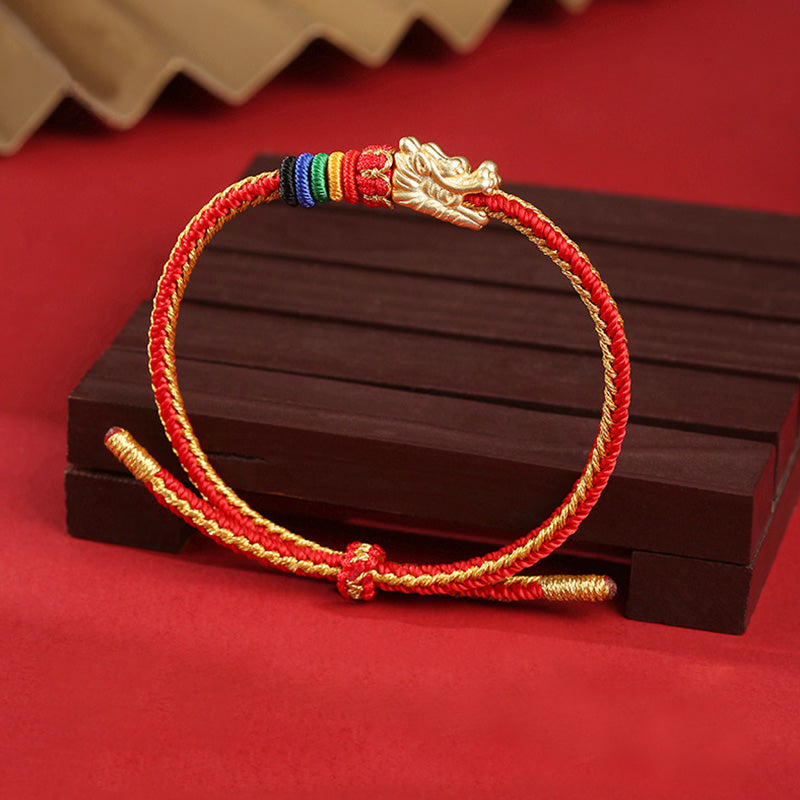 999 Sterling Silver Dragon Luck Bracelet Colorful Rope