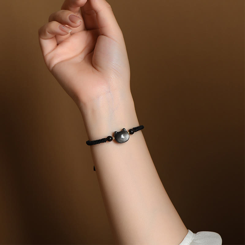 Unisex Silver Sheen Obsidian Strawberry Quartz Protection Bracelet