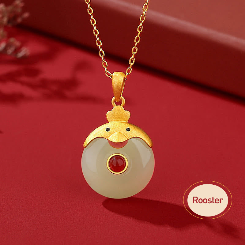 Dragon Zodiac Necklace | Sterling Silver with Hetian Jade & Red Agate